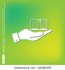 hand holding a open book sign. Education sign, symbol icon book with a bookmark or notebook.