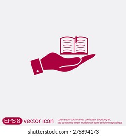 hand holding a open book sign. Education sign, symbol icon book with a bookmark or notebook .