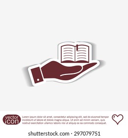 hand holding a open book sign. Education sign, symbol icon book with a bookmark or notebook .
