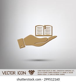hand holding a open book sign. Education sign, symbol icon book with a bookmark or notebook .