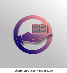 hand holding a open book sign. Education sign, symbol icon book with a bookmark or notebook .