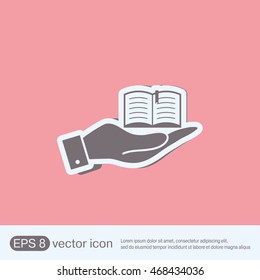 hand holding a open book sign. Education sign, symbol icon book with a bookmark or notebook .