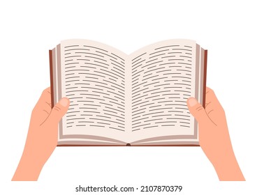 Hand holding open book. Student reading literature or encyclopedia. Design for library, bookstore. vector illustration