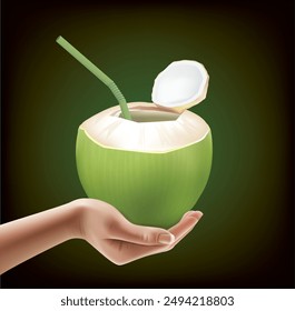 Hand holding open coconut to drink coconut water