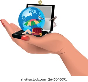 Hand holding open compact mirror containing miniature earth globe with tiny woman sunbathing on beach with luggage, umbrella, pelican and seagull