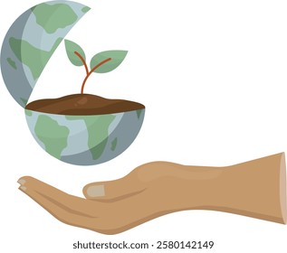 Hand holding Open Earth Globe with Growing Sprout isolated on transparent background. Environmental conservation. Earth day. Sustainable development concept. Vector illustration