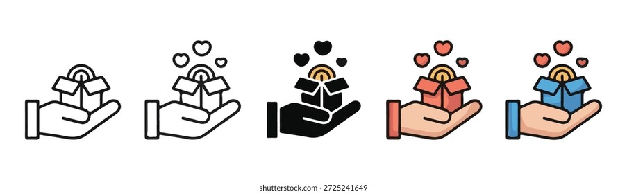 Mano que sostiene la caja de regalo abierta con los iconos de los corazones y de las monedas. diversos estilos. concepto de la impulsión de la caridad.