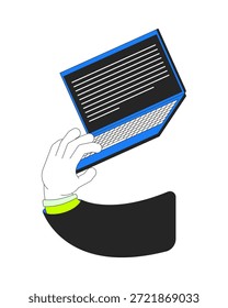 Mano que sostiene la computadora portátil abierta con la Ilustración vectorial del texto. Comunicación digital. Trabajo en línea. Espacio de trabajo virtual. Dispositivo de teletrabajo Imagen de dibujos animados 2D aislado en blanco. Clipart plano editable colorido