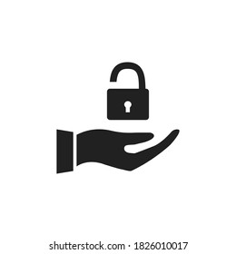 Hand holding open lock icon. Vector illustration. Unlock black outline sign.