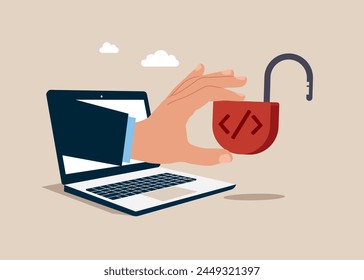 Hand holding open padlock. Open source programming, digital products include permission to use the programming source code. 