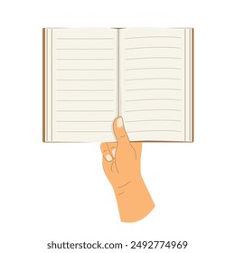 hand holding open paper book, can be used to promote reading, literacy, and academic programs  - vector illustration