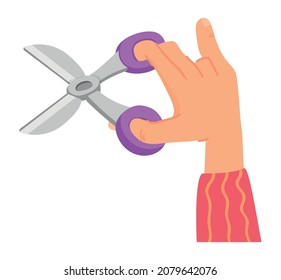 Hand holding open scissors. Cutting icon in cartoon style