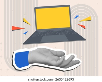 Hand holding opened front view laptop with empty screen. Modern photo collage style. Vector illustration