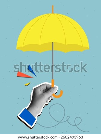 Hand holding opened yellow umbrella. Modern collage style. Vector illustration