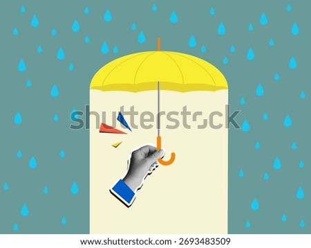 Hand holding opened yellow umbrella protecting from falling raindrops. Modern collage style. Vector illustration