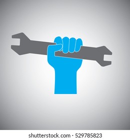 Hand holding open-end fixed wrench icon logo representing engineering, mechanic and technician.