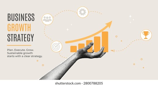 A hand holding an orange bar chart with an upward arrow. Stylish halftone collage. Business growth strategy concept with icons of goals, team, and success. Financial development planning for a professional office environment. Vector illustration