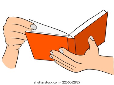 The hand holding orange book, Blank open notebook in female hands, Reading book vector on white background
