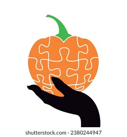 Hand holding orange pumpkin jigsaw puzzle vector isolated on white background.