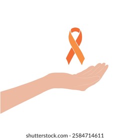 A hand holding an orange ribbon on a white background with copy space