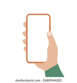 Hand holding orange smartphone vector, minimal flat style, blank screen, isolated on white, stock vector