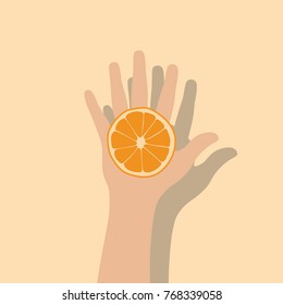 Hand holding an orange, vector illustration design. Hands collection.