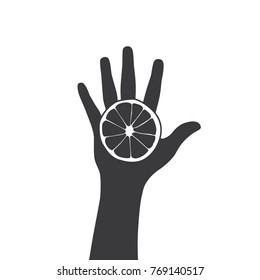 Hand holding an orange, vector illustration design. Hands collection.