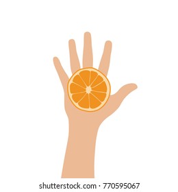 Hand holding an orange, vector illustration design. Hands collection.