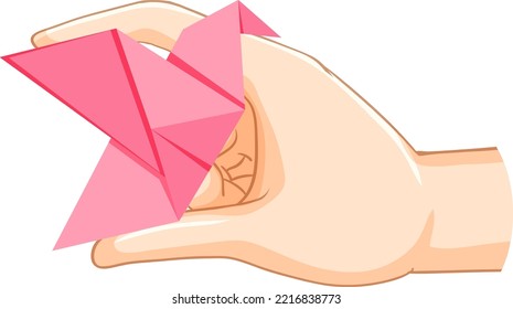 Hand holding origami flying bird illustration