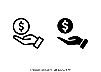 Hand holding out a dollar coin icon. Represents offering money, giving payment, or financial assistance