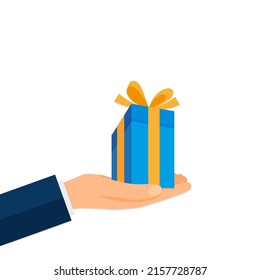 Hand holding out an gift box ready for you, vector illustration design. Eps 10