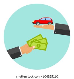 Hand holding out money in exchange for a car. Flat design, vector illustration, vector.