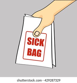 Hand holding out or passing over a sick bag for a case of nausea or air sickness