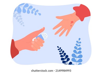 Hand Holding Out Patch To Cover Scratch Of Injured Person. Medical Care For People With Injury And Wound Flat Vector Illustration. Medicine, Aid Concept For Banner, Website Design Or Landing Web Page