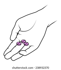 A hand holding out three pink pills / tablets.