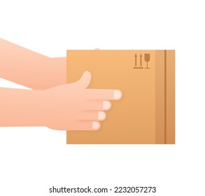 Hand holding package, box. Delivery and shipping concept. Vector stock illustration.