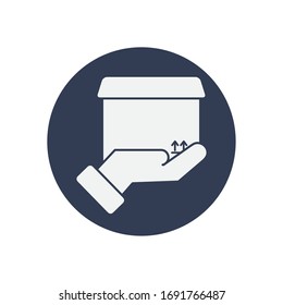 hand holding a package box icon over white background, block style, vector illustration