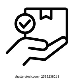 Hand holding a package with a checkmark, order icon. Editable stroke.