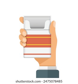 Hand holding packet of cigarettes icon in flat style. Smoking vector illustration on isolated background. Tobacco box sign business concept.