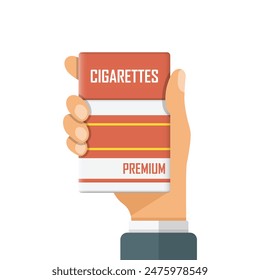 Hand holding packet of cigarettes icon in flat style. Smoking vector illustration on isolated background. Tobacco box sign business concept.