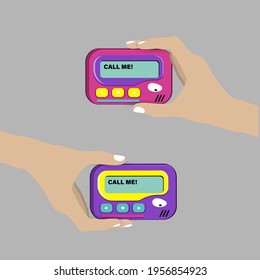 Hand Holding Pager. Nostalgia, Old School Music, Retro Technology Design, Vintage Music Shop Concept. Vector Illustration.