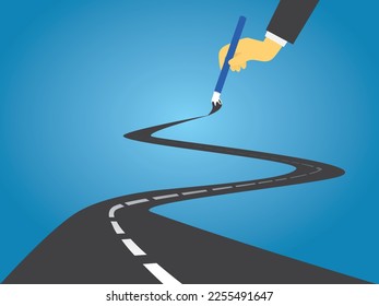 Hand holding paint brush and drawing long distance path of freeway road, business direction concept, vector illustration