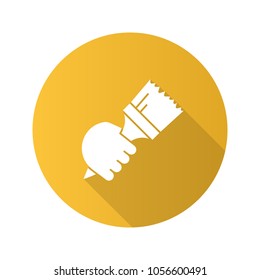 Hand holding paint brush flat linear long shadow icon. Painter's hand. Interior design. Vector outline symbol