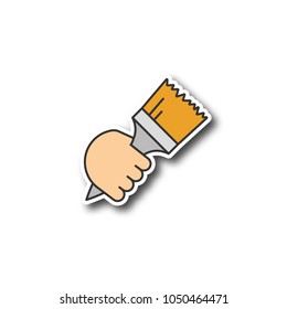 Hand holding paint brush patch. Color sticker. Painter's hand. Interior design. Vector isolated illustration