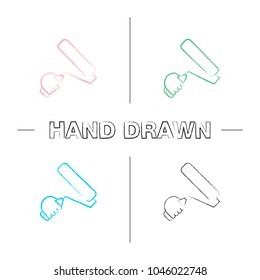 Hand holding paint roller hand drawn icons set. Color brush stroke. Painting, dyeing. Isolated vector sketchy illustrations