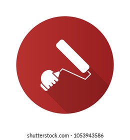 Hand holding paint roller flat linear long shadow icon. Painting, dyeing. Vector outline symbol