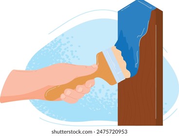 Hand holding paintbrush applying blue paint wooden surface. Brushstrokes visible blue color coats brown plank. Home improvement, renovation, decoration concept isolated white background