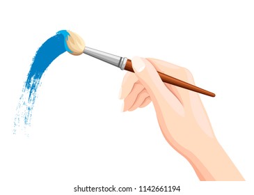 Hand Holding Paintbrush. Brush Painting On White. Blue Paint. Vector Flat Illustration Isolated On White Background.