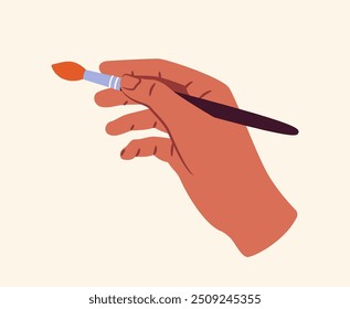 Mano sosteniendo el concepto de pincel. Brazo con papelería para dibujar. Creatividad y arte. Educación y aprendizaje. Equipamiento de artista. Ilustración vectorial plana aislada sobre fondo blanco