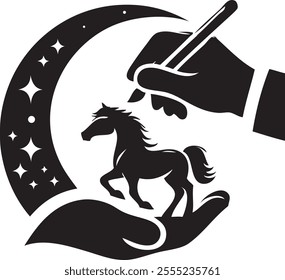 A hand holding a paintbrush with a crescent moon and a silhouetted horse logo - drawing life from the moonlight